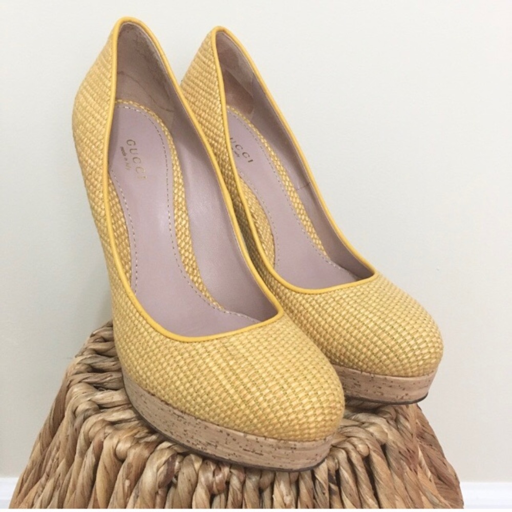 Gucci Yellow Woven Platform Heels